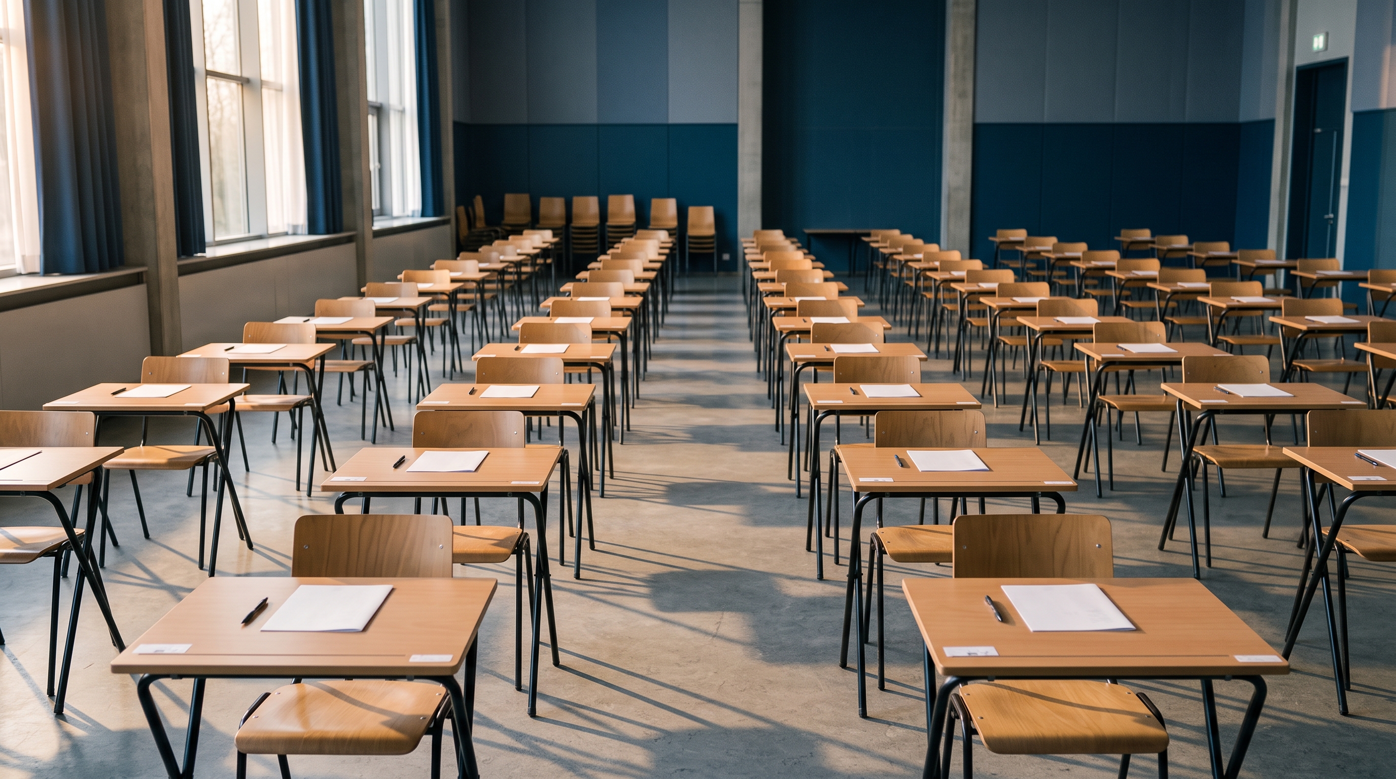 Salle d'examen préparée avant l'arrivée des candidats